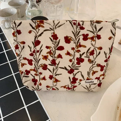 Fashion Retro Flowers Print Cosmetic Bag Canvas Washing Bag Large Capacity Women Travel Cosmetic Pouch Make Up Storage Bags